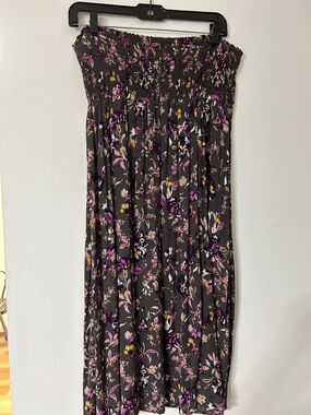 Susina Black Strapless Floral Midi Dress with Pink and Yellow Flowers